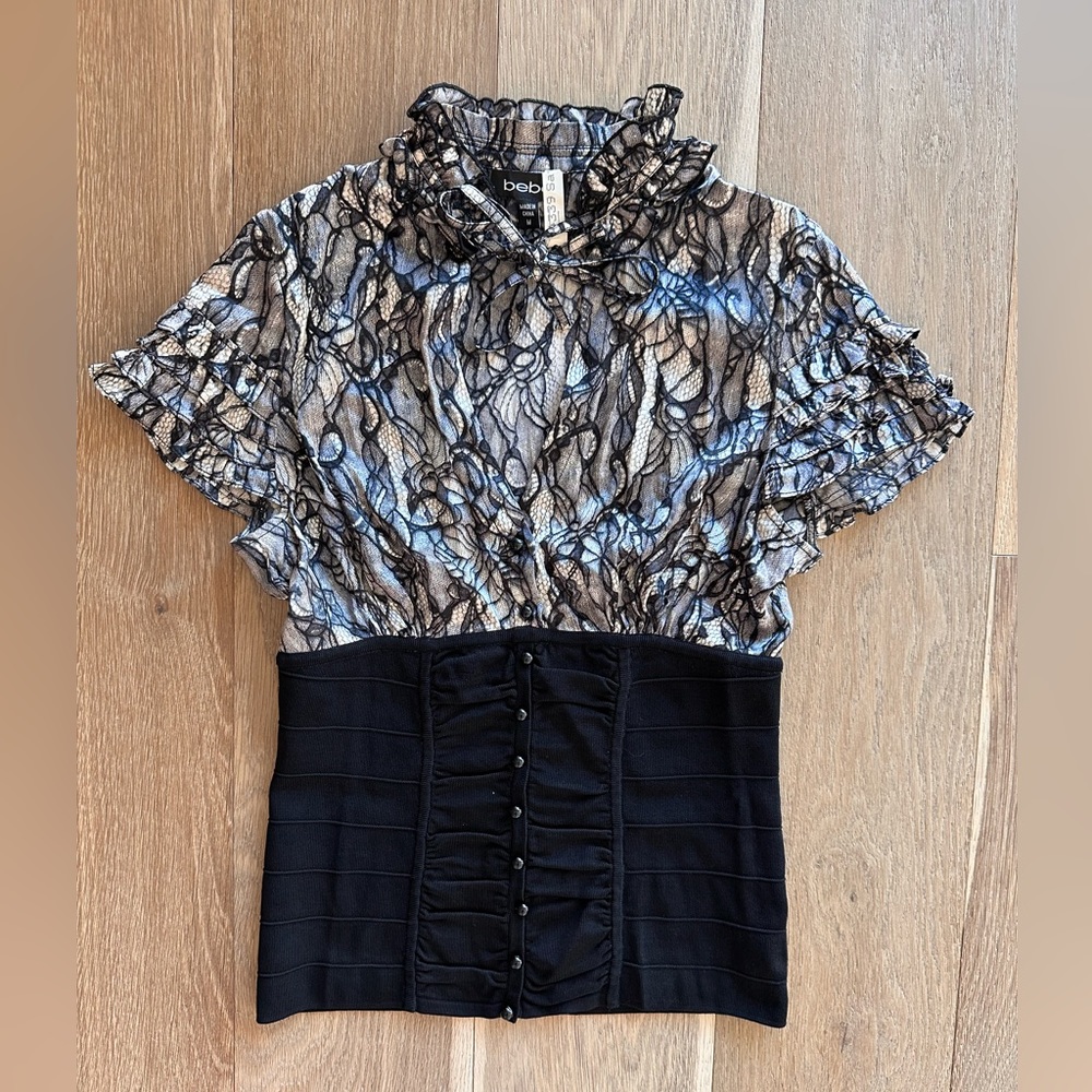 Bebe top bandage with real silk and prints BUSTIER ILLUSION BLOUSE size medium